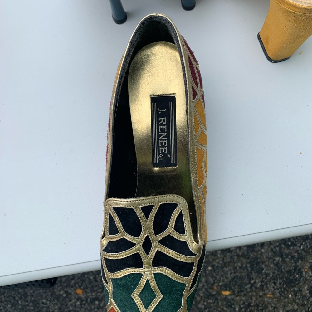 J. Renee multi color trimmed in gold /black suede